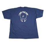 Blue t-shirt with white graphic and text on a white background
