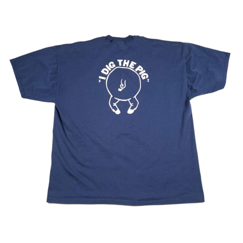 Blue t-shirt with white graphic and text on a white background