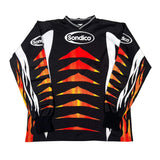 Black sports jersey with orange and white flame patterns and Sondico branding on a white background