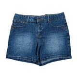 A pair of medium-wash blue denim shorts with a faded wash, laid flat on a white background.