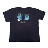 Black t-shirt with graphic design on a white background
