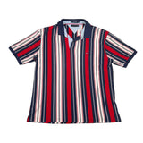 Striped shirt with red, white, and blue pattern on a white background