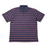 A short-sleeve polo shirt with horizontal navy blue, red, and thin beige stripes, laid flat on a white background.