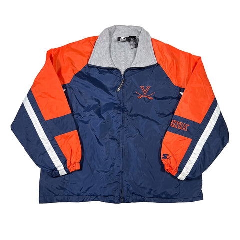 Blue and orange jacket with gray hood on a white background