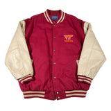 Red varsity jacket with beige sleeves featuring VT Hokies logo on a white background
