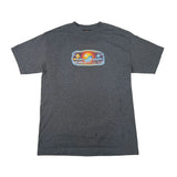 Gray t-shirt with a colorful logo on a white background