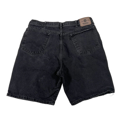 Black denim shorts on a white background