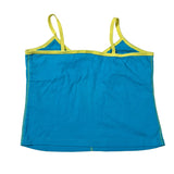 A bright blue camisole tank top with neon yellow trim along the straps and neckline, laid flat on a white background.