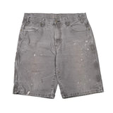 Gray denim shorts with visible wear on a white background
