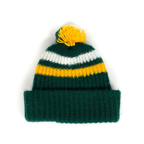 Vintage 90's Green Yellow White Striped Pom Beanie