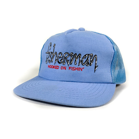 Vintage 80's Fisherman Hooked on Fishing Blue Snapback Trucker Hat