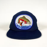 Vintage 80's Lake Ontario Canada Bass Trout Fish Blue Patch Trucker Hat