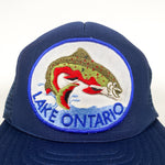Vintage 80's Lake Ontario Canada Bass Trout Fish Blue Patch Trucker Hat