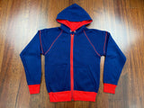 Vintage 60's Plain Blank Blue Zip Hoodie Sweatshirt with Red Pipping